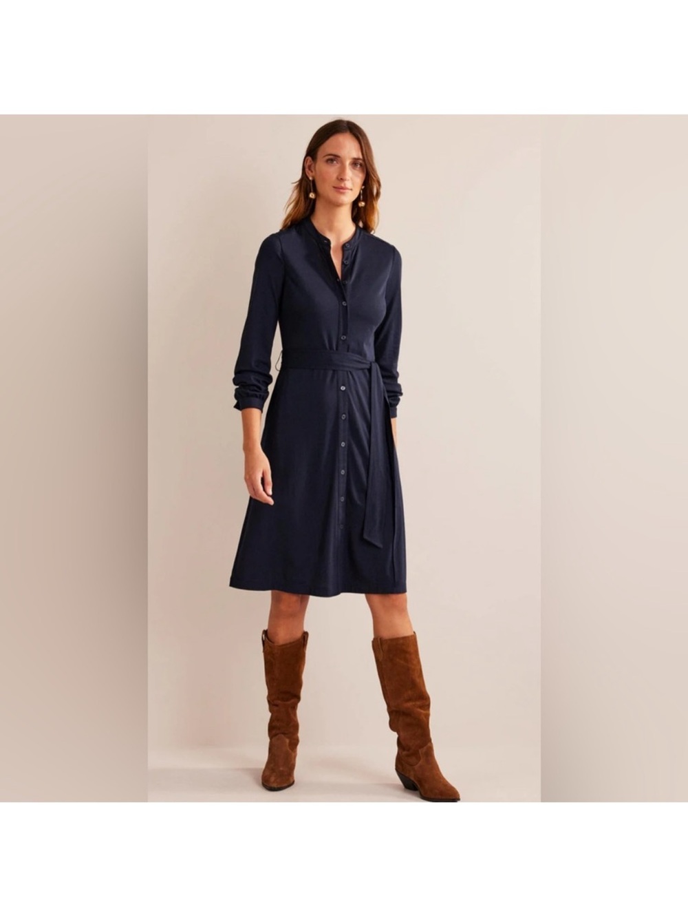 Boden Julia Jersey Shirt Dress Navy Blue Mandarin Collar Midi Belt Size 8 Reg